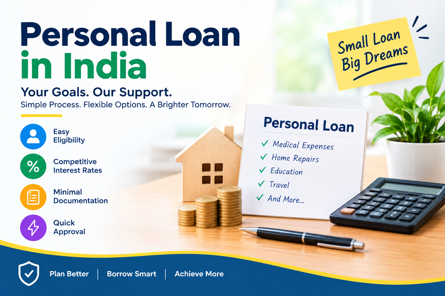 Personal loan in India showing a loan document, house model, calculator, coins, and financial planning icons highlighting eligibility, interest rates, documentation, quick approval, and common personal loan uses.